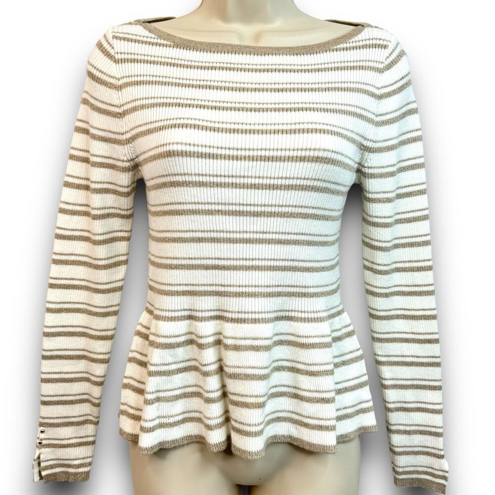 White House Black Market Cream Tan Striped Peplum Ribbed Knit Sweater Size Small